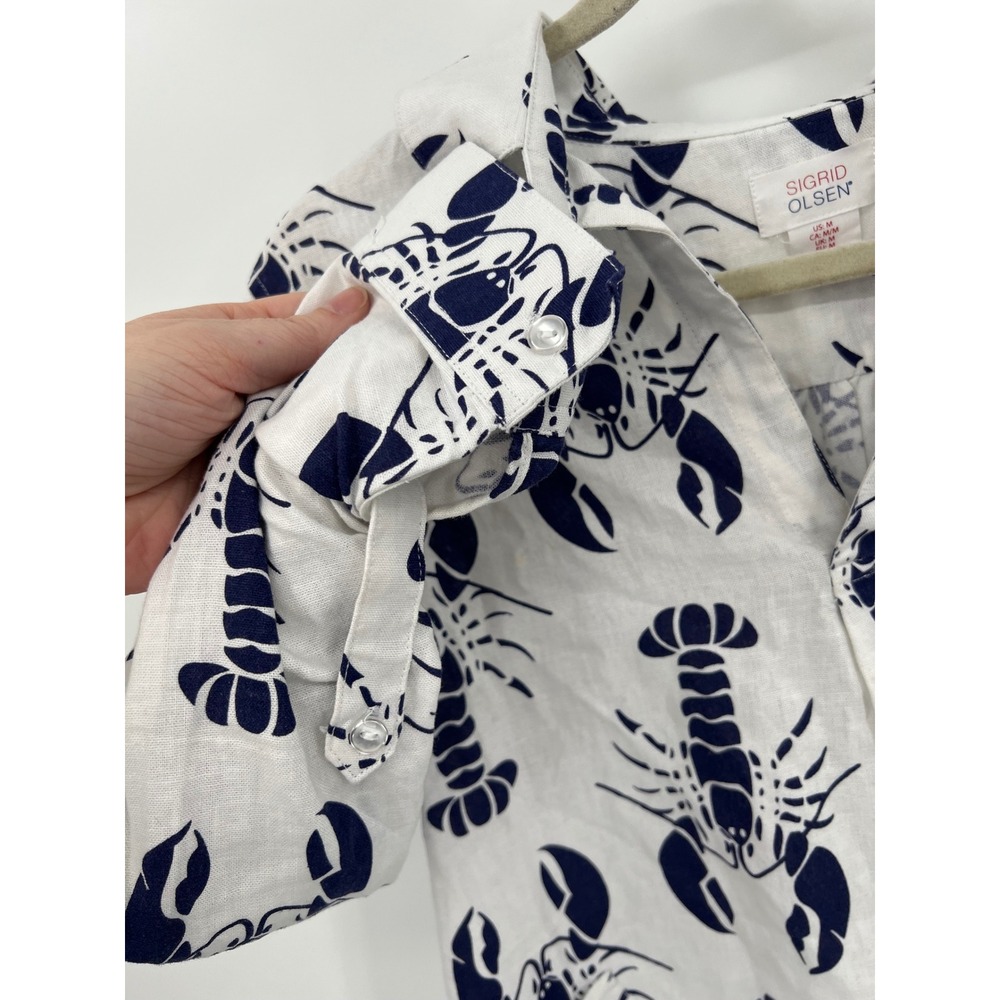 Sigrid Olsen Womens Linen Lobster Print Tunic Top‎ White Navy Blue Roll Tab Med - Picture 6 of 11